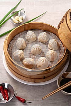 Steamed pork soup dumplings named Xiao long bao in Taiwan