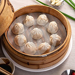 Steamed pork soup dumplings named Xiao long bao in Taiwan