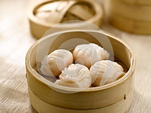 Steamed Prawn Dumpling Ha Kau served in dish isolated on table top view of food