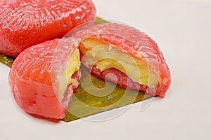 Steamed Red Tortoise Cakes or Ang Ku Kueh, with glutinous rice flour skin, seen here with mung bean filling