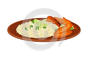 Steamed Rice with Tandoori Chicken as Indian Dish and Main Course Served on Plate and Garnished with Herbs Closeup