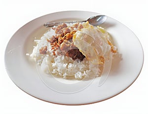 Steamed rice topped with fried chicken with garlic and pepper and fried egg. Arranged on a white plate and spoon. isolated white