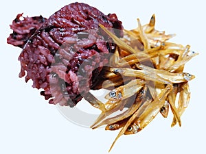 Steamed Riceberry with Crispy Fried Small Salted Fish on White Background