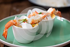 Steamed Seafood Curry Cakes with coconut cream and Prawn