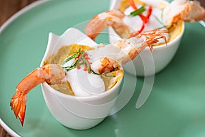 Steamed Seafood Curry Cakes with coconut cream and Prawn