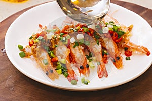 Steamed shrimp with minced garlic in chinese cuisine