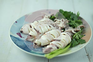 Steamed squids or Octopus on dish