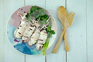Steamed squids or Octopus on dish