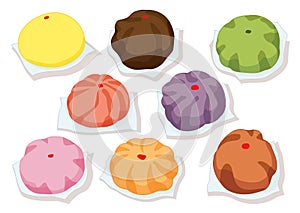 Steamed stuff bun,dim sum yellow orange pink green purple colourful and chinese cuisine on white background vector illustration