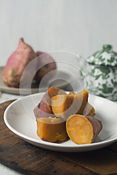 Steamed sweet potato, healthy snack for tea or coffee time, also brunch