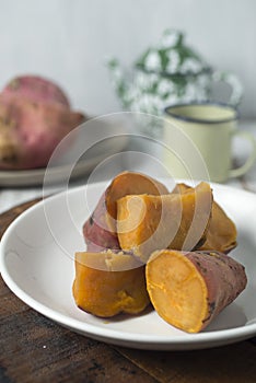 Steamed sweet potato, healthy snack for tea or coffee time, also brunch