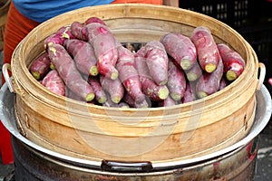 Steamed Sweet Potatoes in Bamboo Steamer