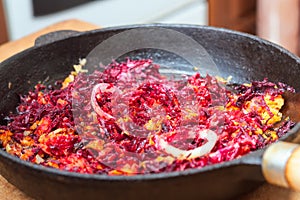 Steamed vegetables on a frying pan