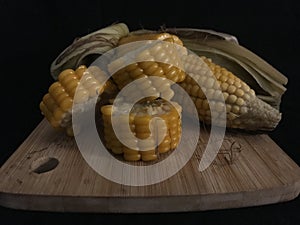 Steamed of yellow Sweet Corn various angles