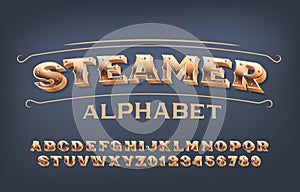 Steamer alphabet font. 3D brass letters and numbers with screws.