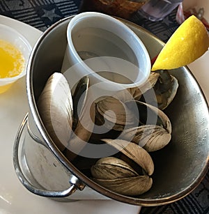 Steamers clams appetizer with water, melted butter, and slice lemon