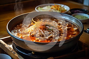 Steaming authentic Korean dish tteokbokki. Garnished with green onions, fish cakes boiled eggs. AI generated