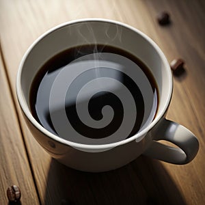 With steaming black coffee sits on a white surface, casting a soft