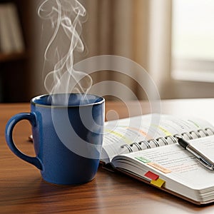 A steaming blue ceramic mug is