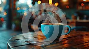 The steaming blue coffee cup. AI generated
