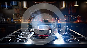 Steaming and boiling pan of water on modern heating stove in kitchen on the background of open balcony