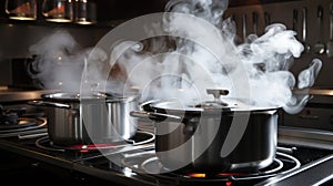 Steaming and boiling pan of water on modern heating stove in kitchen on the background of open balcony. Boiling with steam emitted