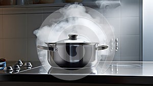 Steaming and boiling pan of water on modern heating stove in kitchen on the background of open balcony. Boiling with steam emitted
