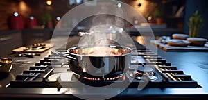 Steaming and boiling pan of water on modern heating stove in kitchen, Water Boiling on a Gas Stove, Stainless pot