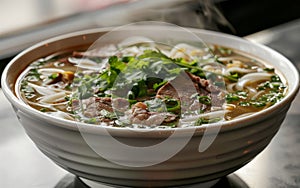 Steaming bowl of Asian noodle soup with tender beef slices, fresh herbs, and chopsticks on a rustic table.