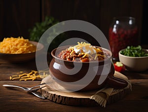 A steaming bowl of chili topped with shredded cheddar cheese