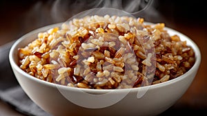 Steaming bowl of cooked brown rice on a dark surface.