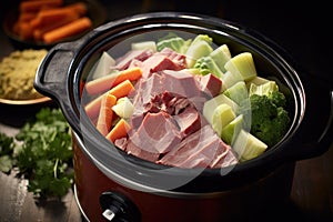 a steaming bowl of corned beef and vegetables cooked in a slow cooker