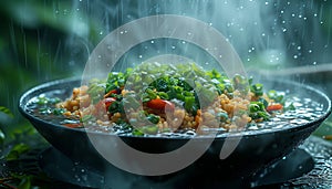 A steaming bowl of fried rice with green peas, carrots, and scallions, captured in a refreshing rain ambiance