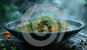 A steaming bowl of fried rice with green peas, carrots, and scallions, captured in a refreshing rain ambiance
