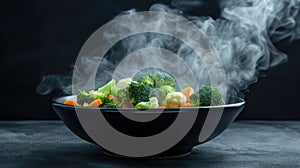 Steaming bowl of mixed vegetables with broccoli, carrots, and cauliflower