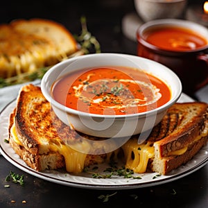 A steaming bowl of tomato soup with a grilled cheese sandwich on the side,