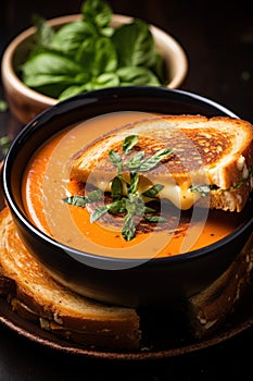 A steaming bowl of tomato soup with a grilled cheese sandwich on the side,