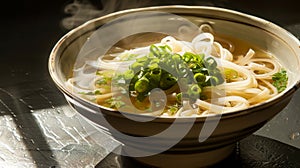 Steaming Bowl of Traditional Asian Noodle Soup on Table