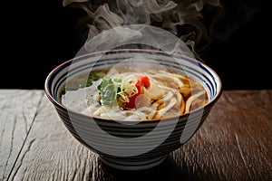 Steaming bowl of udon, Japanese comfort captured in photograph
