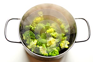 Steaming broccoli in an inox pot