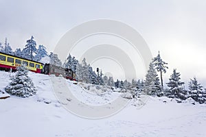 Steaming Brocken Railway locomotive in winter landscape Brocken Harz Germany