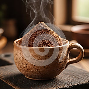 A steaming ceramic cup overflows with