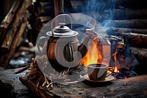 steaming chai tea in a rustic kettle over crackling campfire