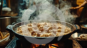 Steaming Chicken Rice Dish Cooking Over Open Fire