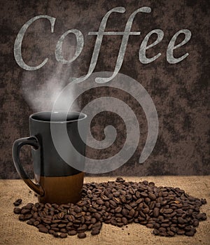 Steaming coffe mug and roasted coffee beans