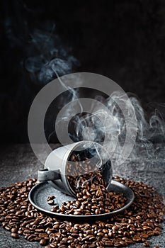 Steaming coffee beans in a cup