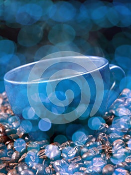 Steaming coffee in a blue cup