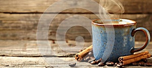 Steaming coffee cup with aromatic cinnamon and fragrant roasted coffee beans for delightful aroma