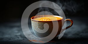 Steaming coffee cup on dark background