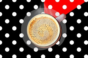 Steaming coffee cup with foam polka dot background creative collage. Clock hands Good morning Breakfast. Hot drink mug